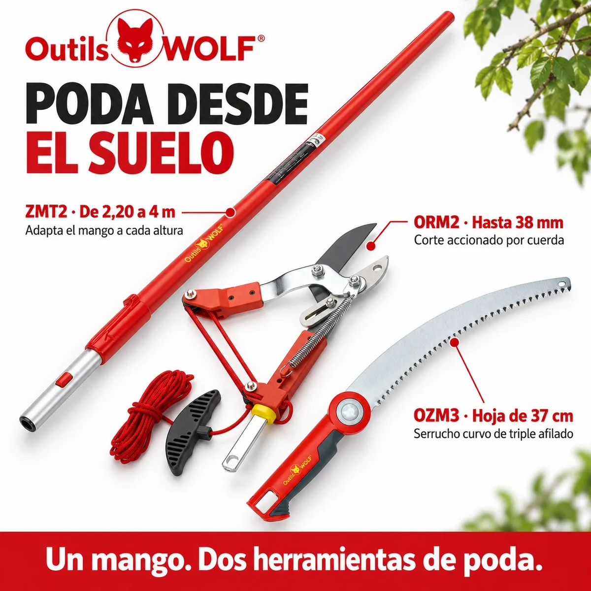 Pack de poda Outils Wolf MULTI-STAR: mango de 2,20 a 4 m + serrucho OZM3 + cortarramas ORM2 — foto 2