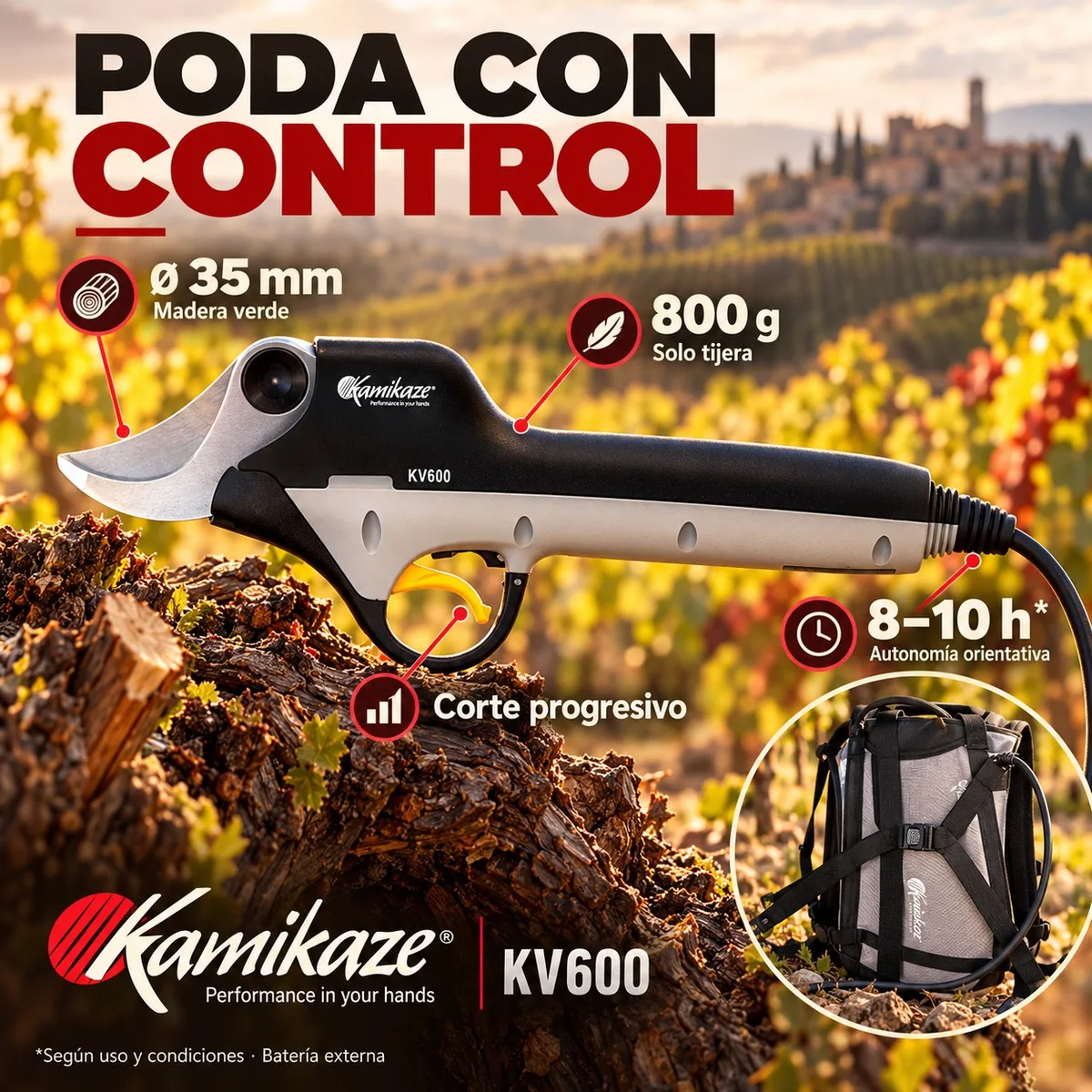 Tijera de poda a batería Kamikaze KV600 · corte progresivo Ø 35 mm · batería externa 44 V 4,4 Ah — foto 2