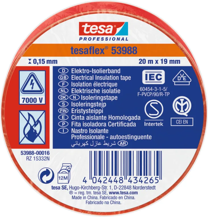 Cinta Aislante Tesa Roja 19 mm 20 Metros