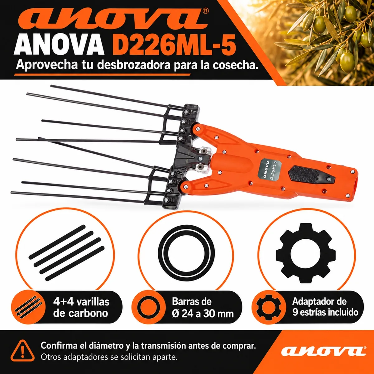 Cabezal vareador Anova D226ML-5 · 4+4 varillas de carbono · adaptador de 9 estrías — foto 2