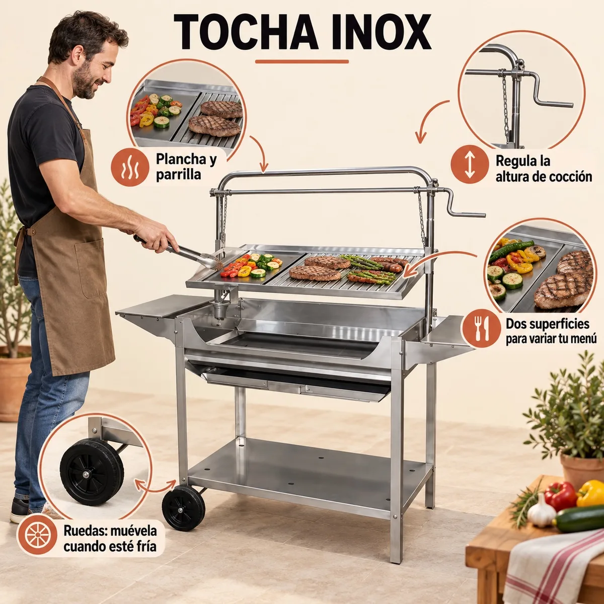 Barbacoa Inox Tocha con Ruedas y Elevador — foto 2