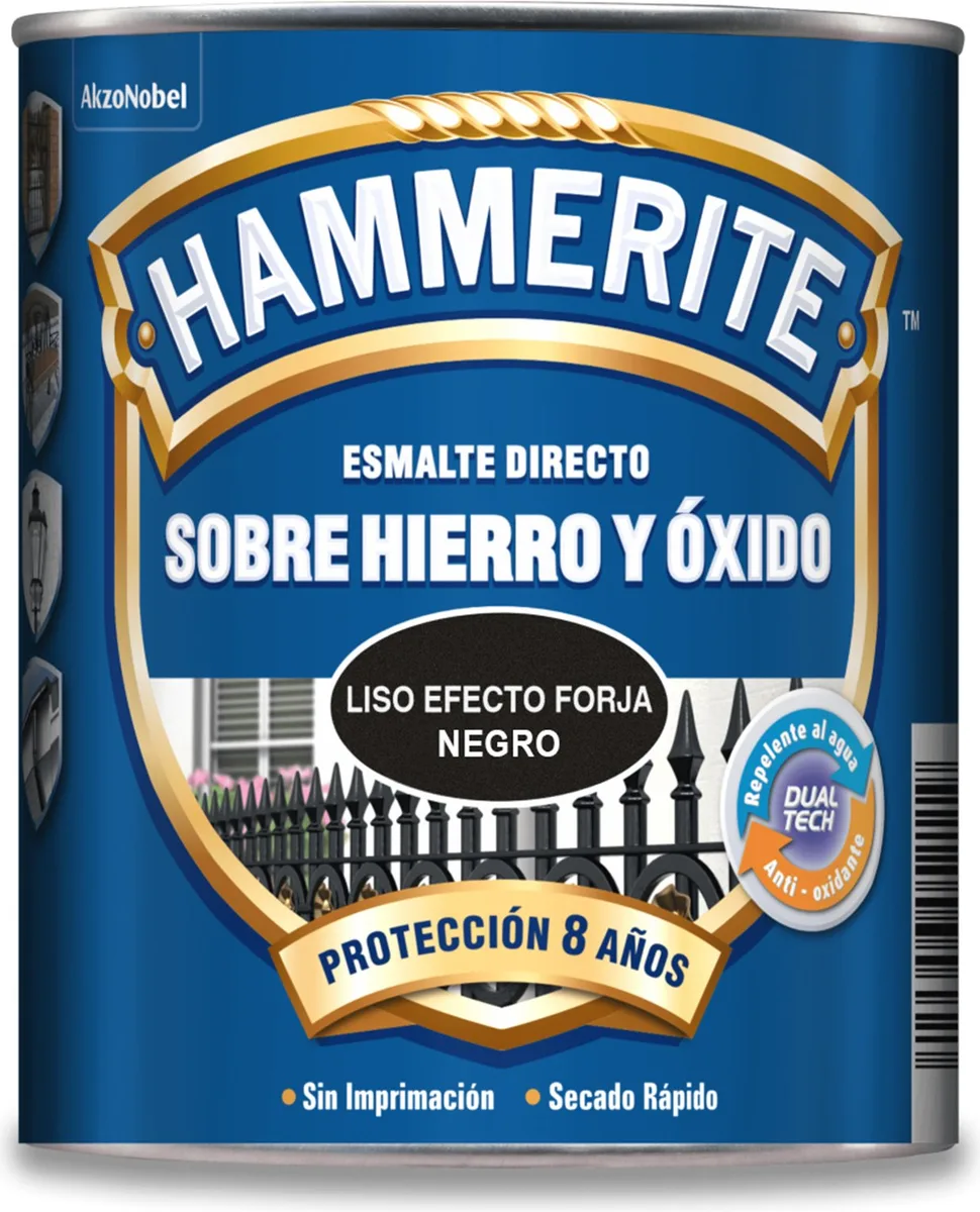 Esmalte Metalico Directo Hammerite Liso Brillo Efecto Forja Negro 750ml