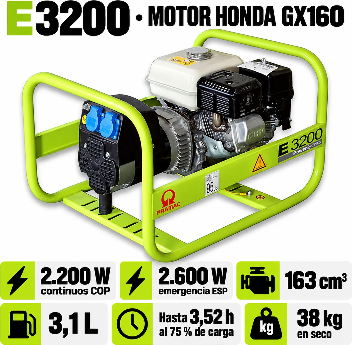 Generador de gasolina Pramac E3200 · motor Honda GX160 · 2,2 kW continuos — foto 2