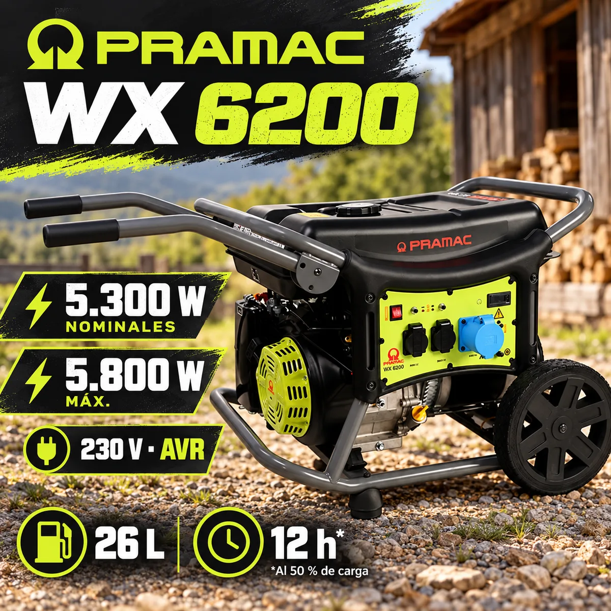 Generador de gasolina Pramac WX 6200 · 5.300 W · AVR · arranque manual — foto 2