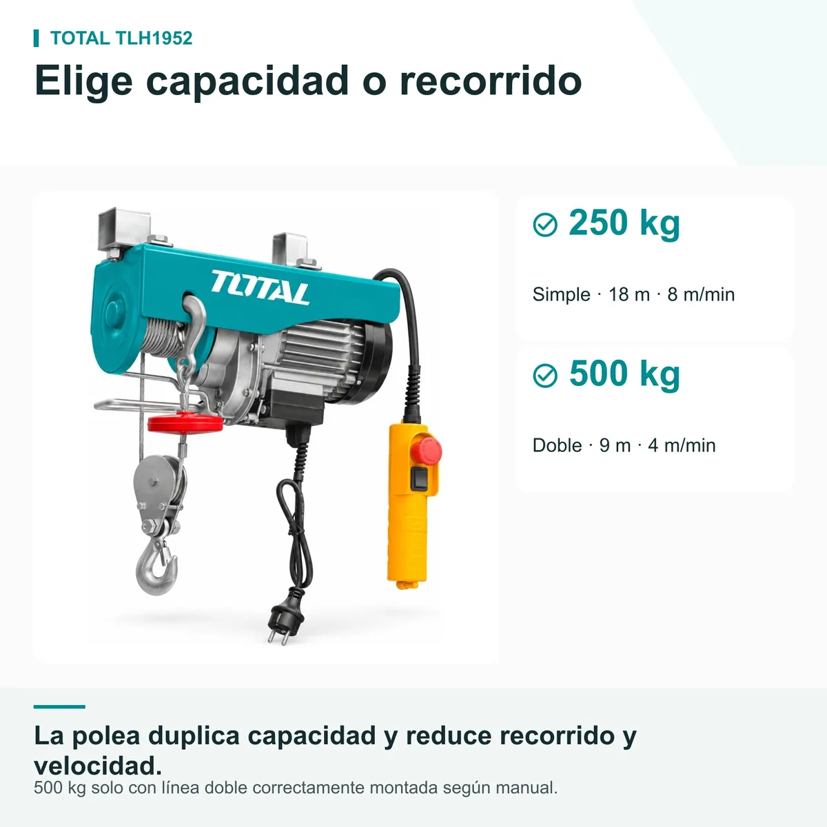 Polipasto eléctrico TOTAL TLH1952 900 W · 250/500 kg — foto 3