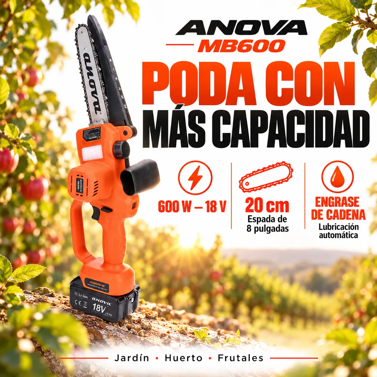 Sierra de poda a batería Anova MB600 · 18 V · espada 20 cm · 2 baterías 4 Ah — foto 2
