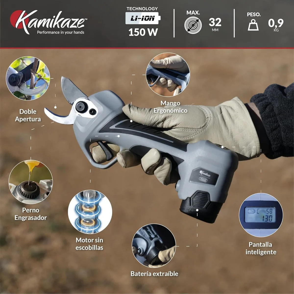 Tijera de poda eléctrica Kamikaze KV362 35 mm + 3 baterías 2,5 Ah y cargador — foto 5