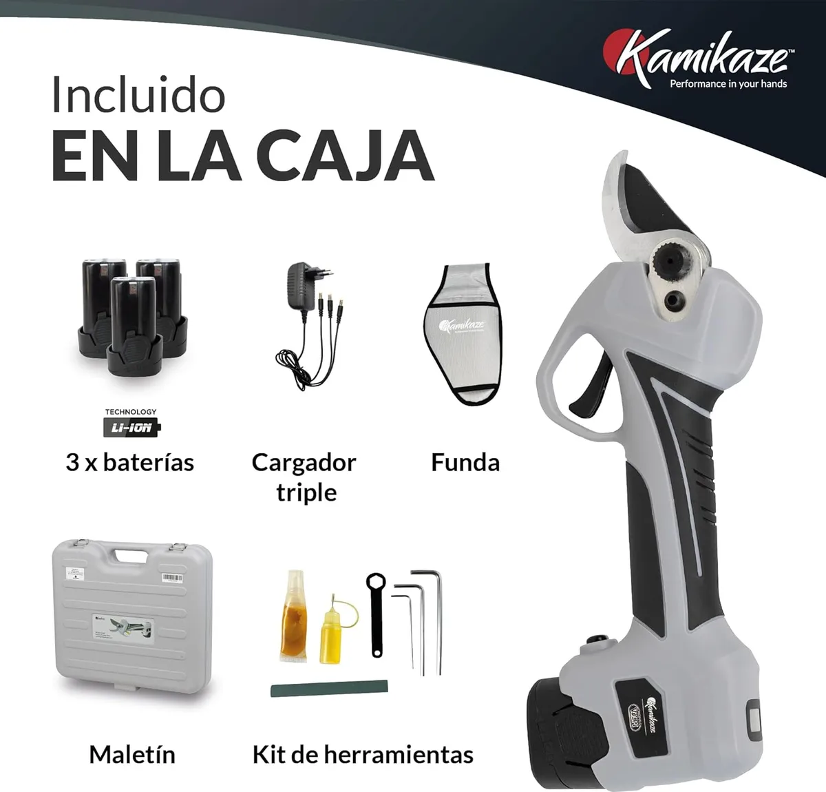 Tijera de poda eléctrica Kamikaze KV362 35 mm + 3 baterías 2,5 Ah y cargador — foto 3