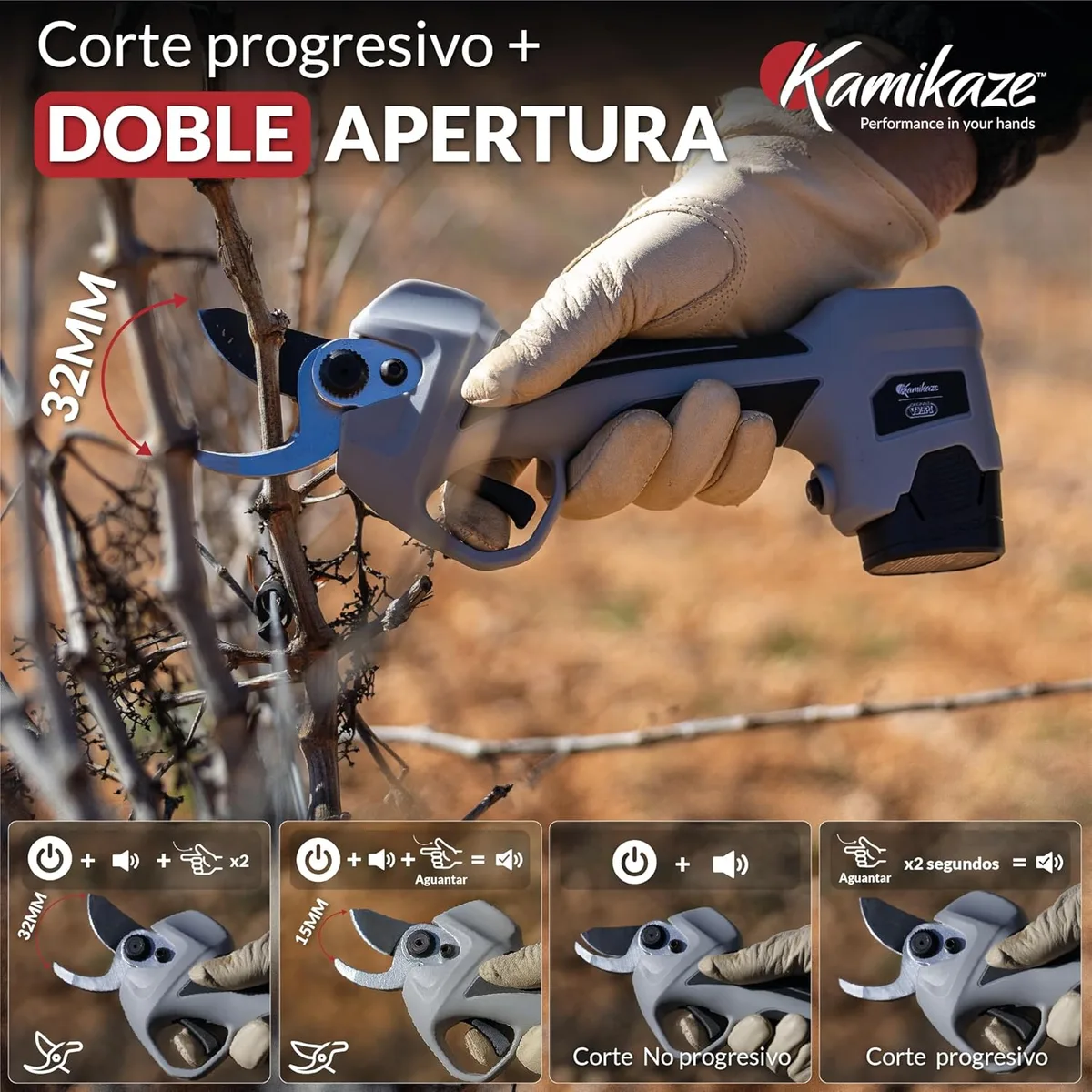 Tijera de poda eléctrica Kamikaze KV362 35 mm + 3 baterías 2,5 Ah y cargador — foto 6