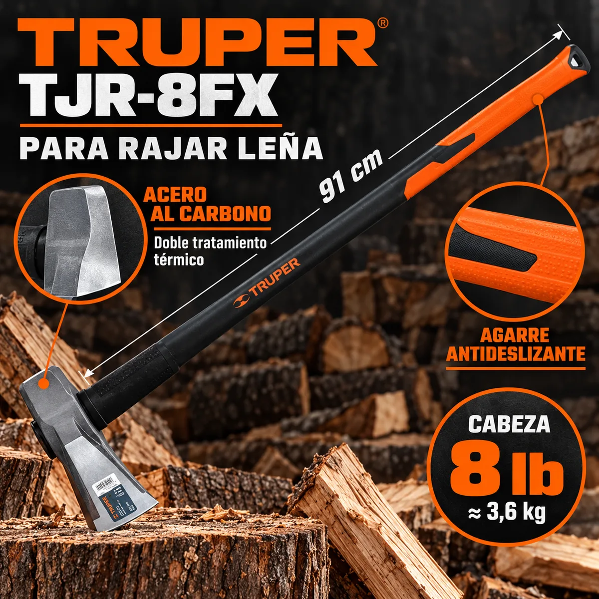 Maza cuña para leña Truper TJR-8FX · mango de fibra 36 pulgadas · cabeza 3,6 kg — foto 2
