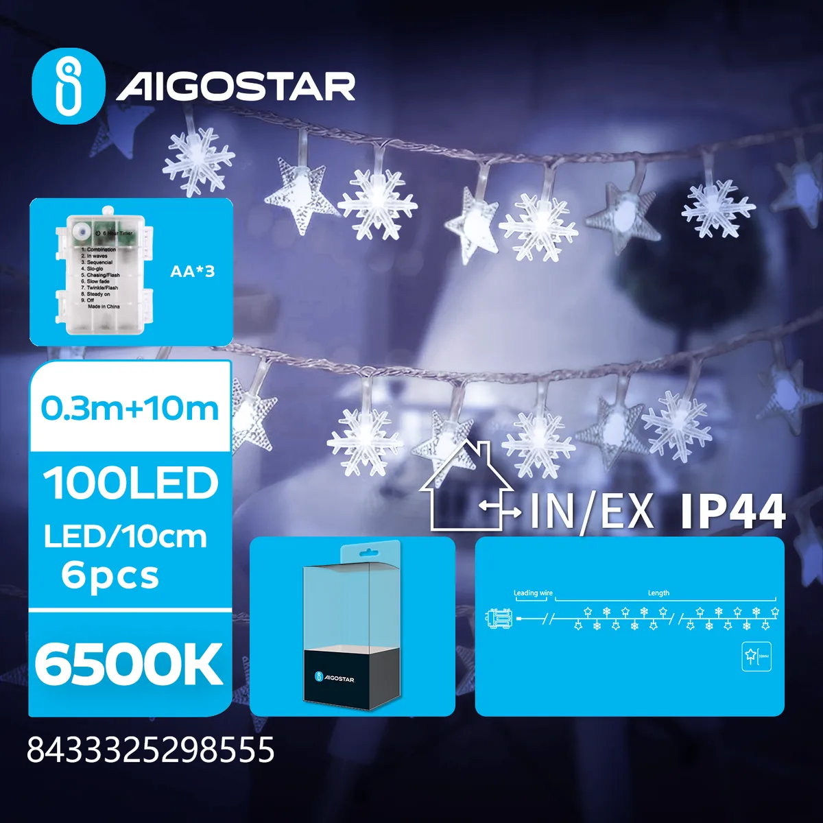 Tira Luz Navidad Copos de Nieve con Pilas Luz Fria 100 Led 10 Mt — foto 3