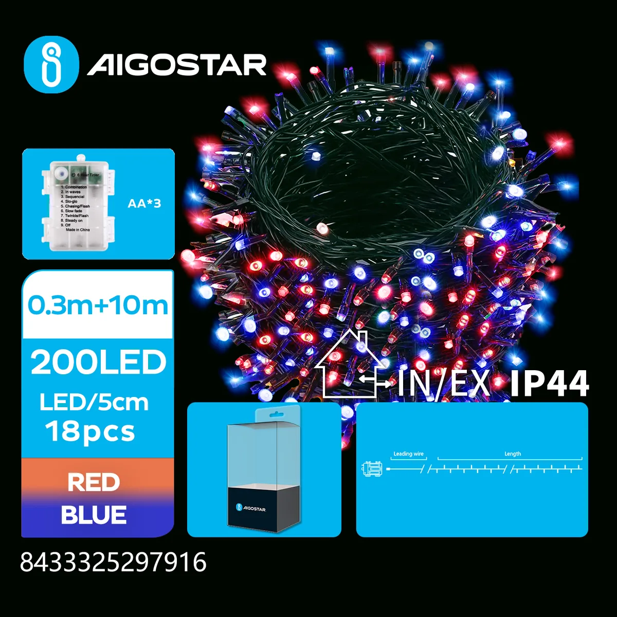 Tira de Luces Navidad con Pilas Luz Roja y Azul 10 Metros — foto 3