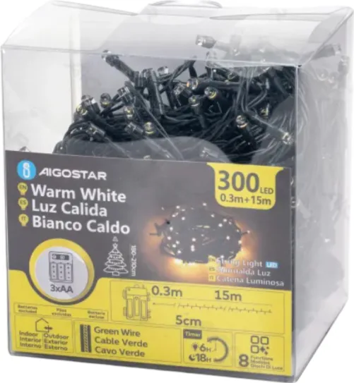 Tira Luces Led Navidad con Pila Blanca Calida 15 mt