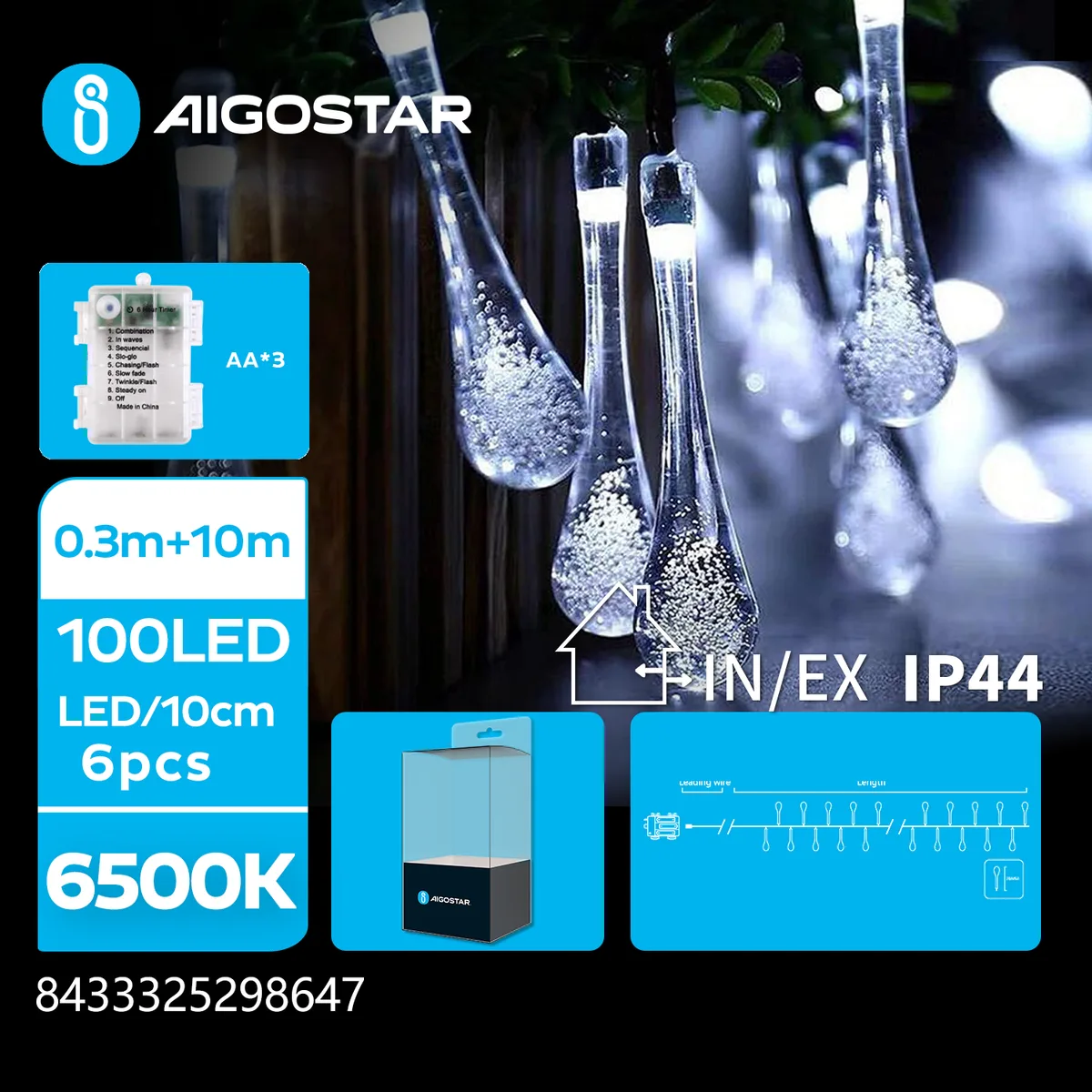 Tira de Luces Led de Navidad Gota de Lluvia con Bateria Luz Fria 10 Mt — foto 3
