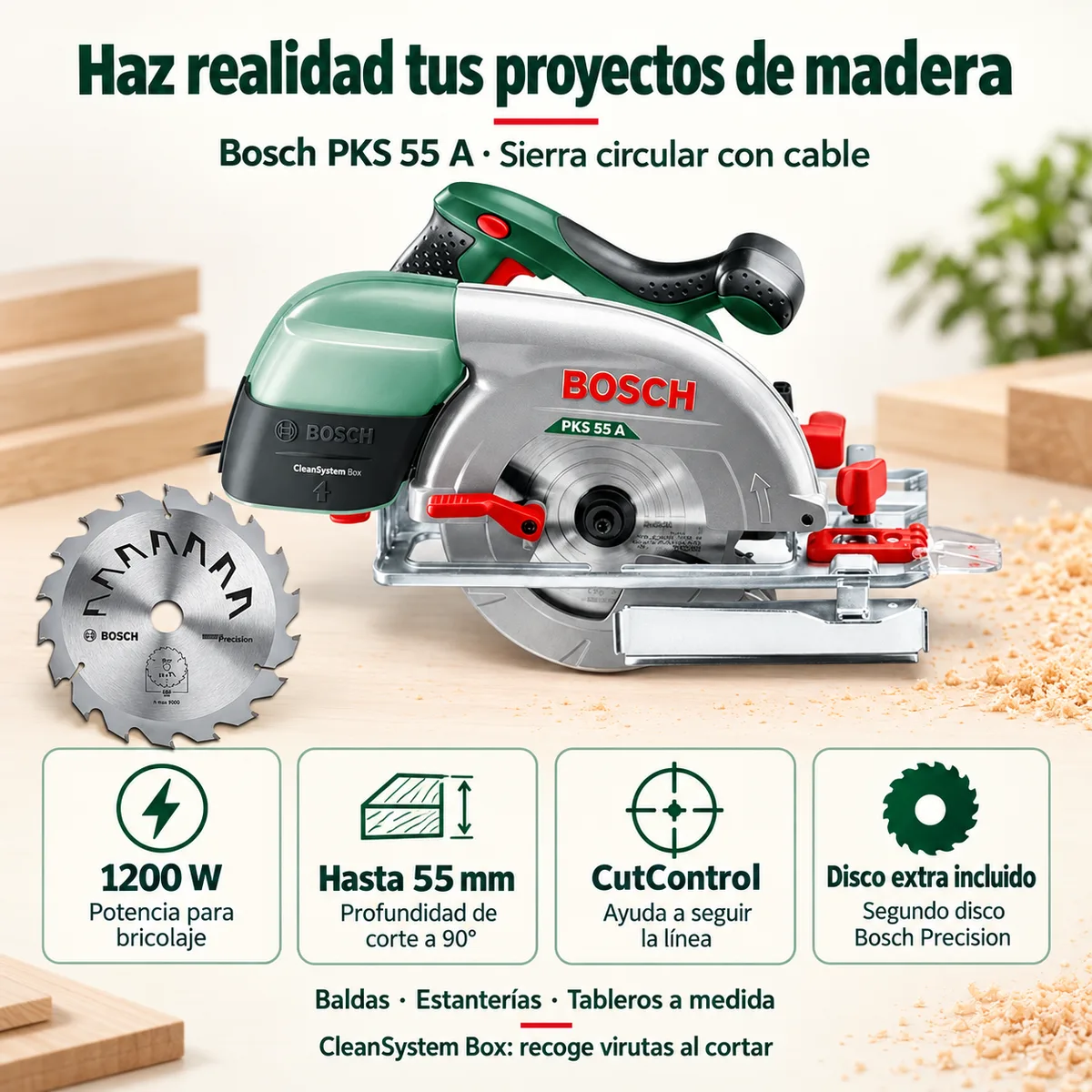 Sierra circular Bosch PKS 55 A 1200 W, 160 mm + disco extra — foto 2
