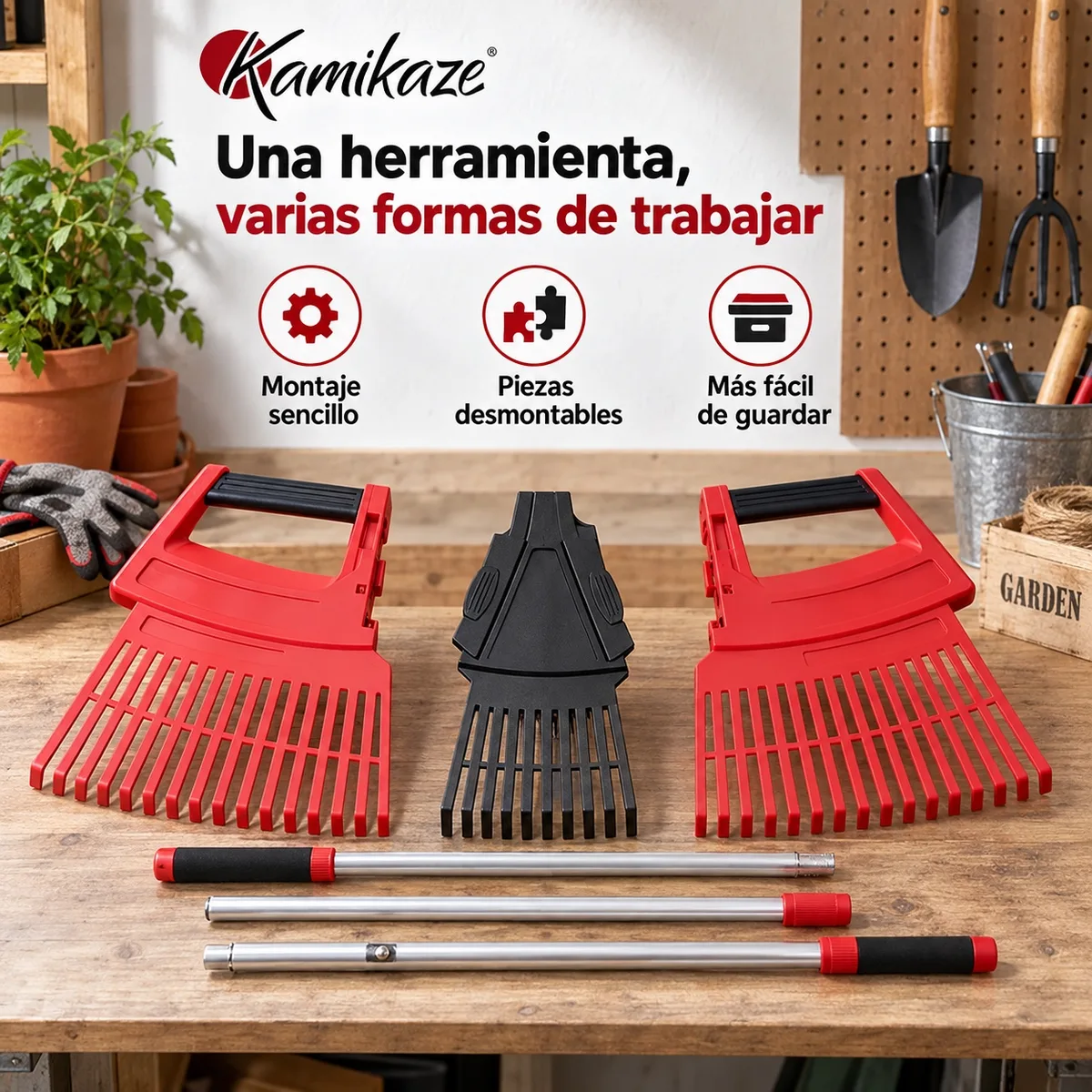 Rastrillo de Jardin 3 en 1 Desmontable 174 cm - Recoge Hojas Ajustable — foto 6