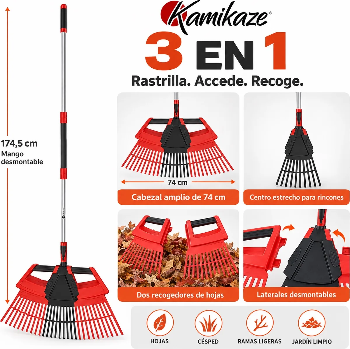 Rastrillo de Jardin 3 en 1 Desmontable 174 cm - Recoge Hojas Ajustable — foto 2