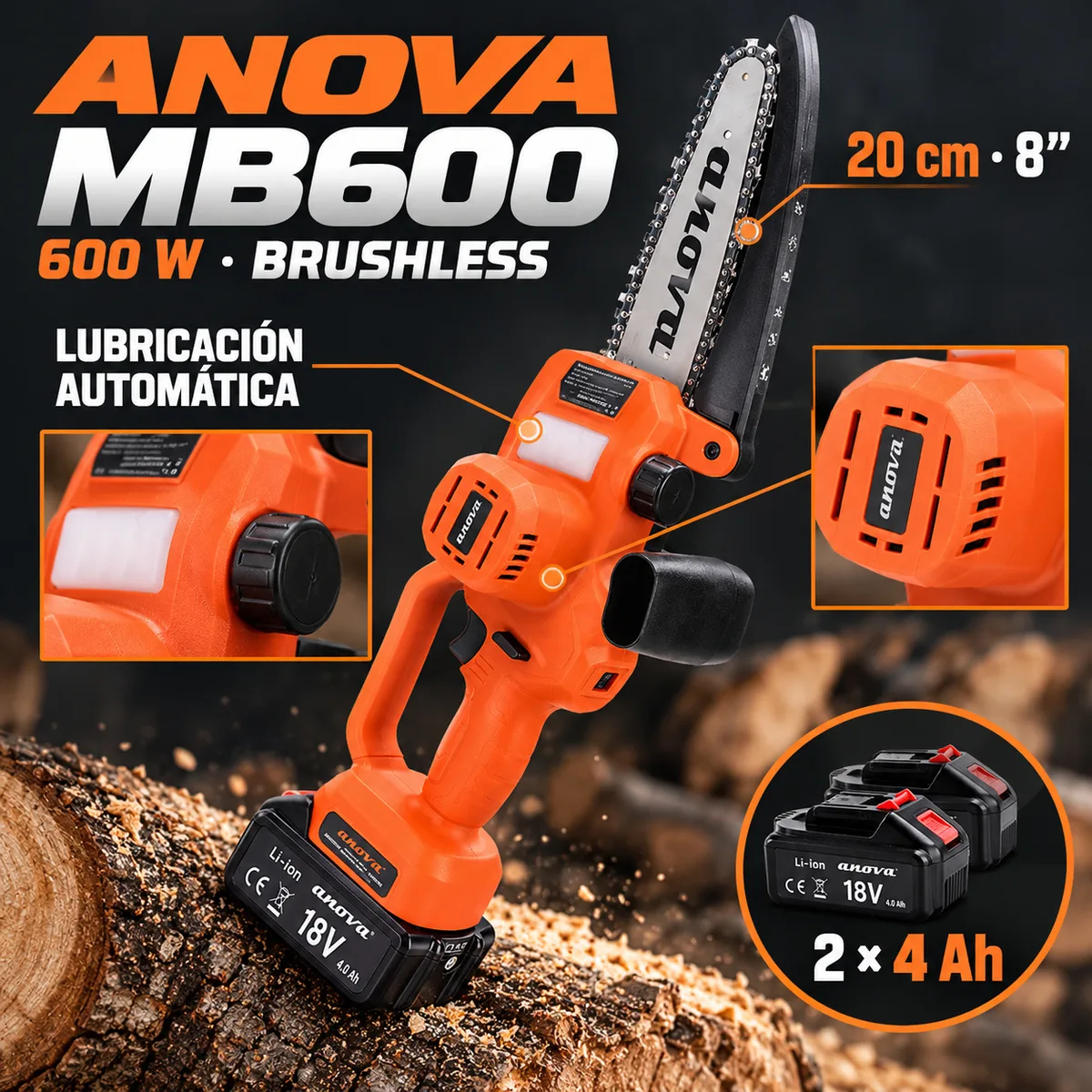 Pack sierra de poda a batería Anova MB600 18 V · pértiga 122-183 cm · 2 baterías 4 Ah — foto 3