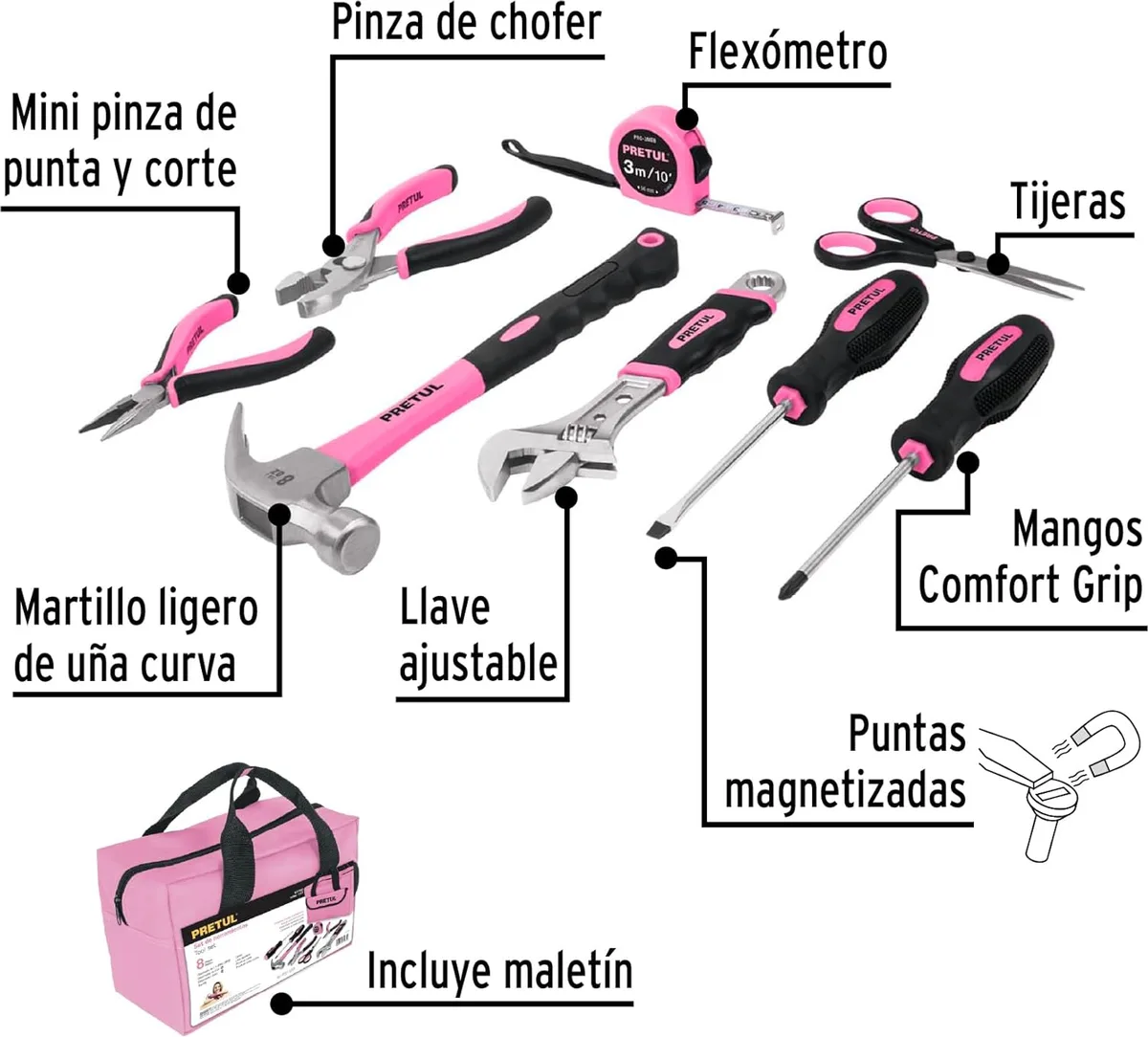 Juego de Herramientas Rosa Pretul (8 Piezas) .Compacto, Práctico y el Regalo Ideal — foto 2
