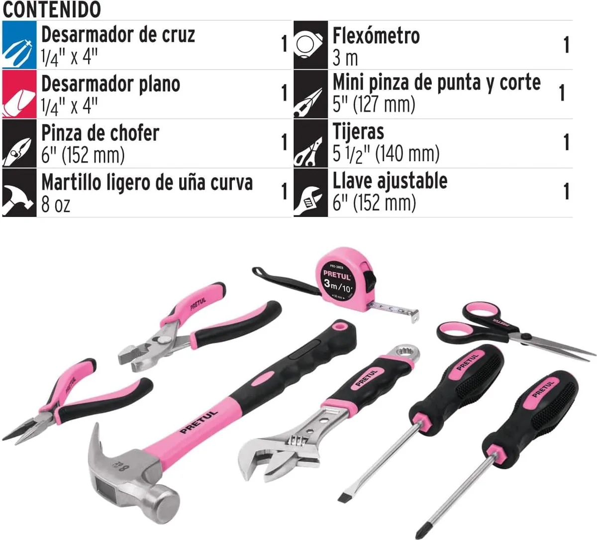 Juego de Herramientas Rosa Pretul (8 Piezas) .Compacto, Práctico y el Regalo Ideal — foto 4