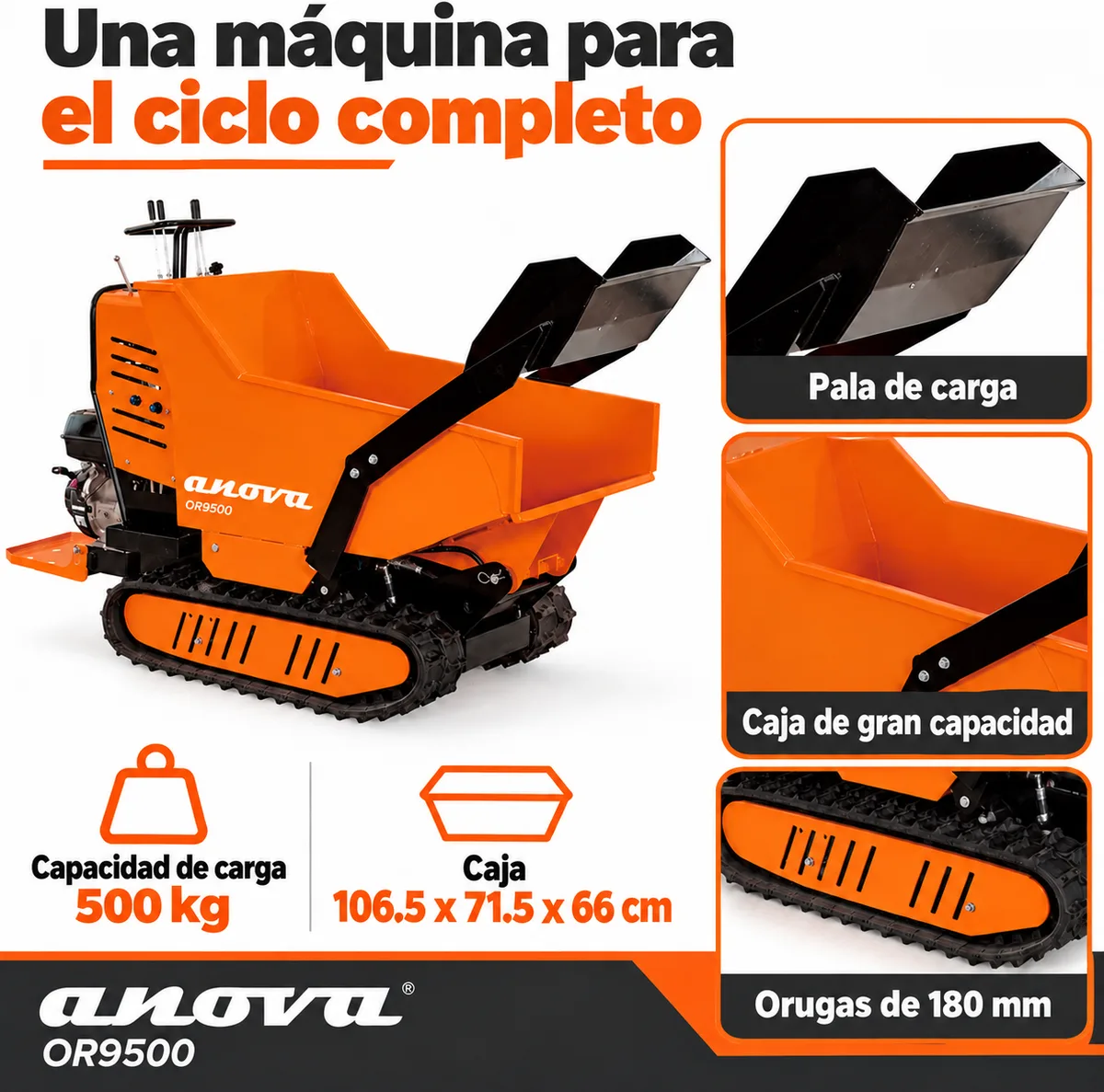 Carretilla de Orugas Anova OR9500 9HP, 500 Kg con Pala de Carga — foto 6