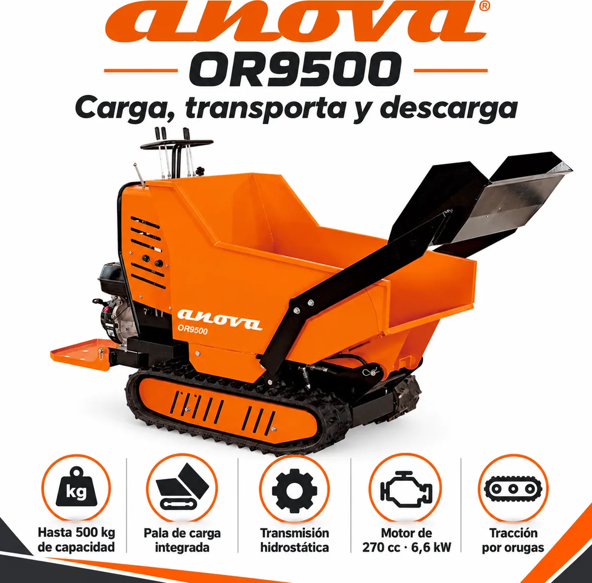 Carretilla de Orugas Anova OR9500 9HP, 500 Kg con Pala de Carga — foto 3
