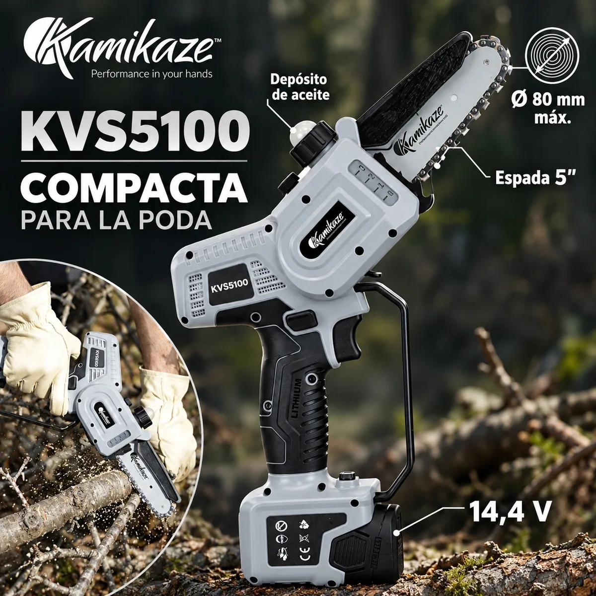 Minisierra de poda a batería Kamikaze KVS5100 · Ø 80 mm · batería y cargador — foto 2
