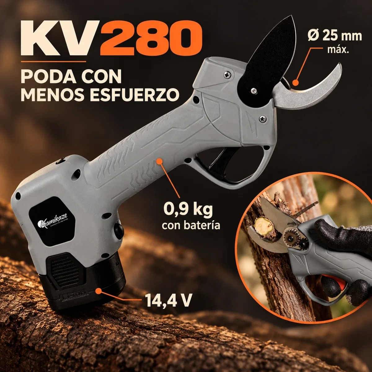 Tijera de poda a batería Kamikaze KV280 · Ø 25 mm · 2 baterías y cargador — foto 2