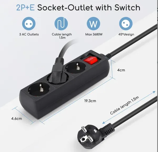 Base Multiple Regleta con Interruptor 3 Tomas 1,5 m Negro — foto 5