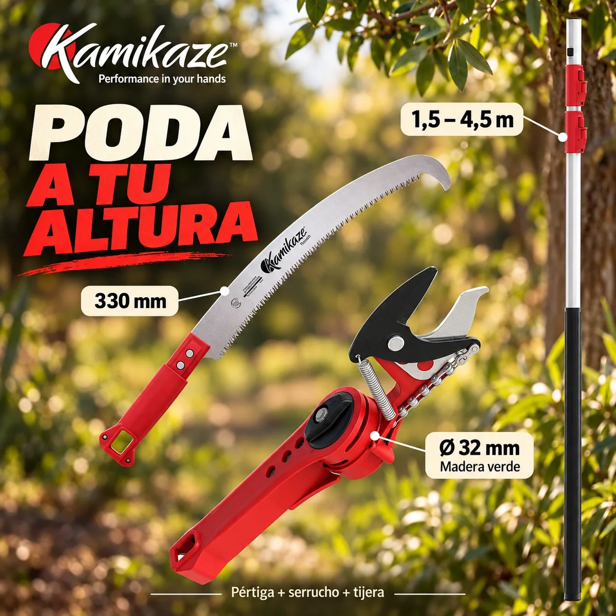 Pack de poda en altura Kamikaze Multi-tool · pértiga 1,5-4,5 m + serrucho 330 mm + tijera MT-63 — foto 2