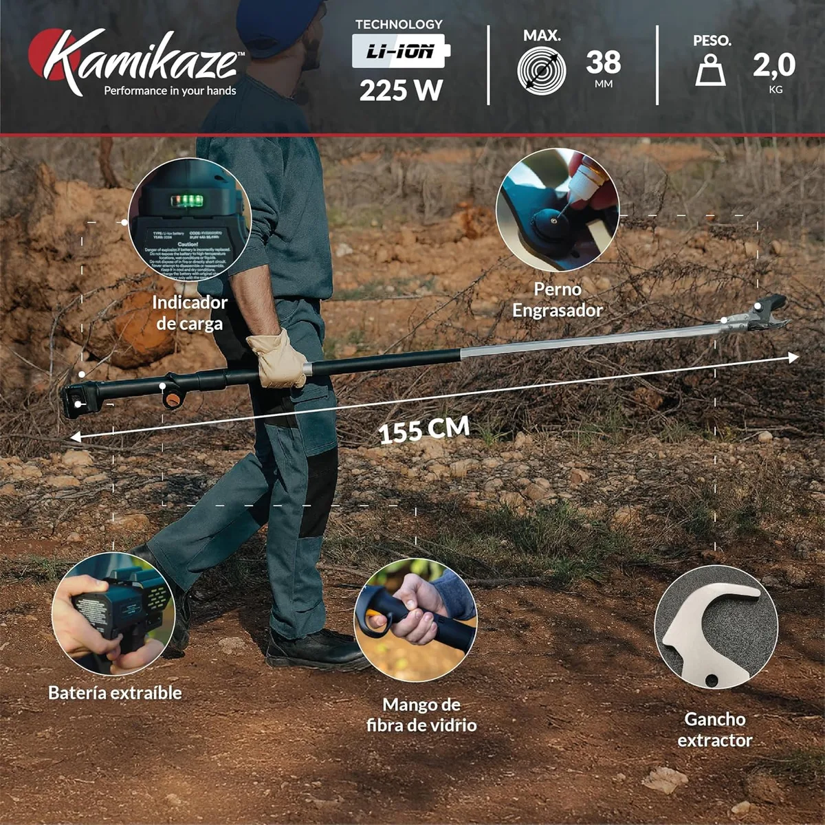Tijera de poda en altura Kamikaze KV155 154 cm + 2 baterías 4 Ah y cargador — foto 9