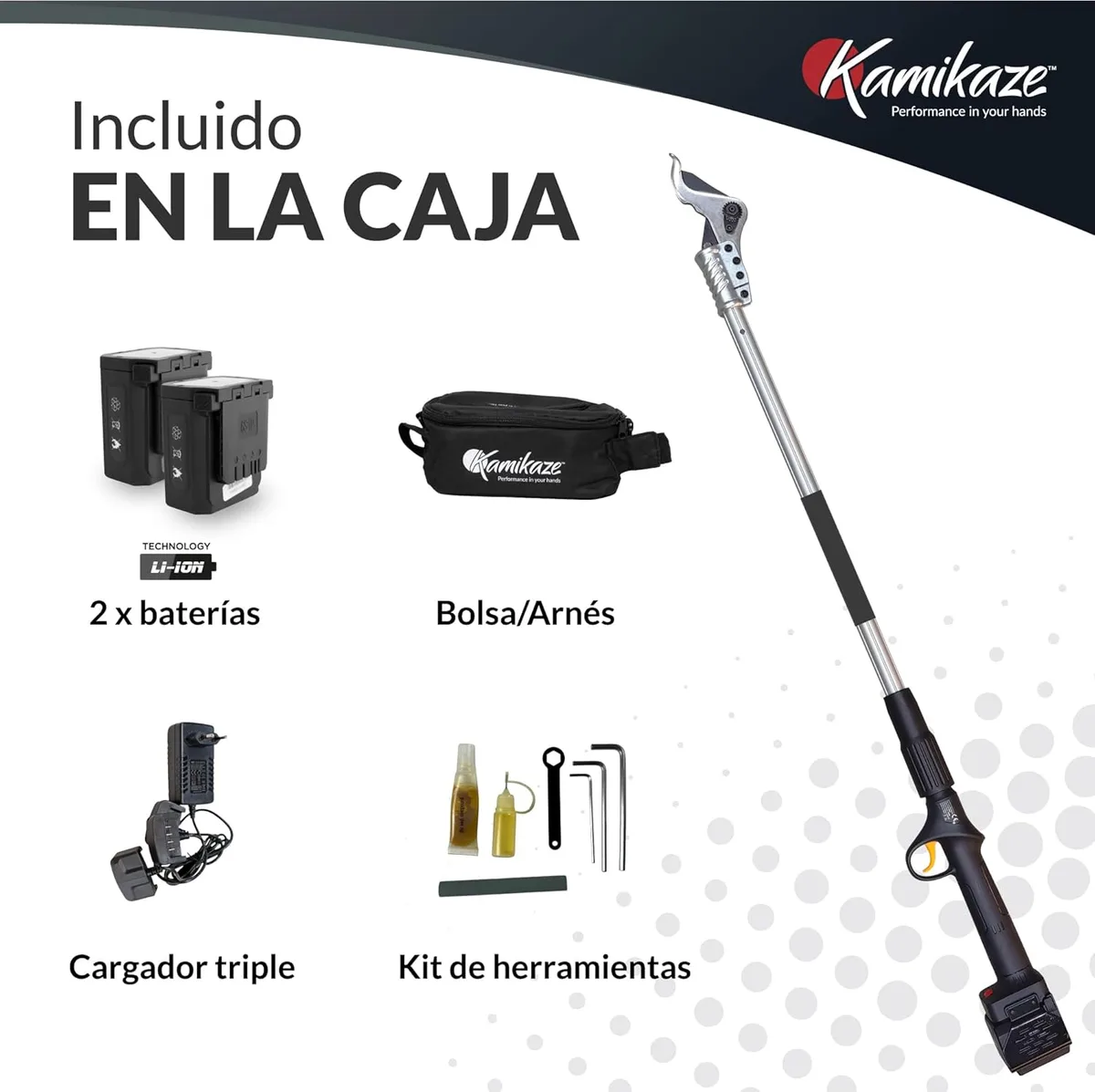 Tijera de poda en altura Kamikaze KV155 154 cm + 2 baterías 4 Ah y cargador — foto 2