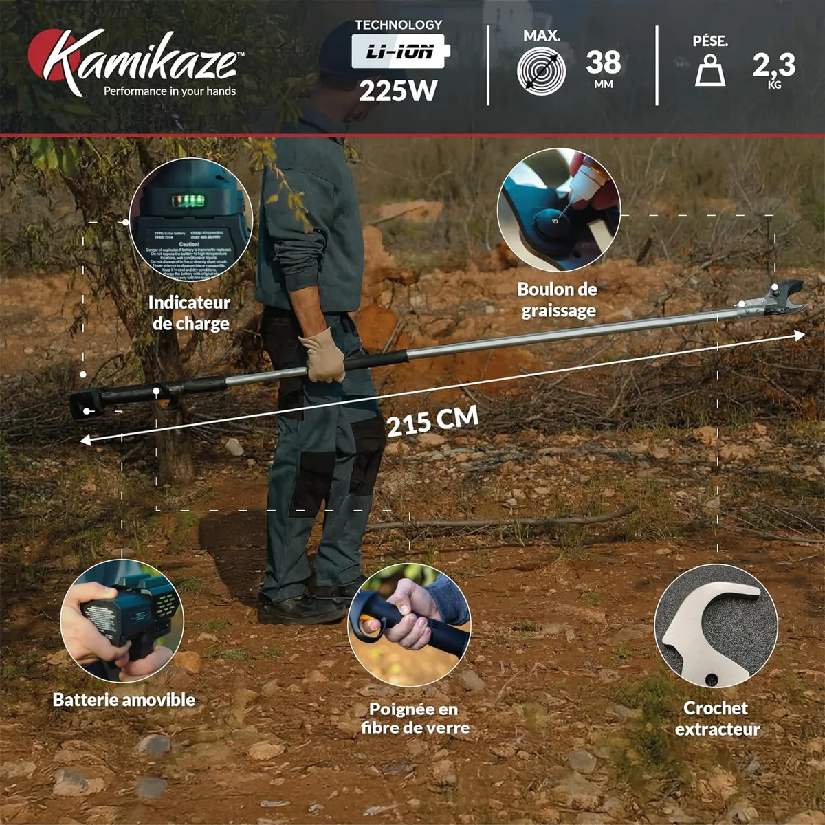 Tijera de poda en altura Kamikaze KV205 204 cm + 2 baterías 4 Ah y cargador — foto 10