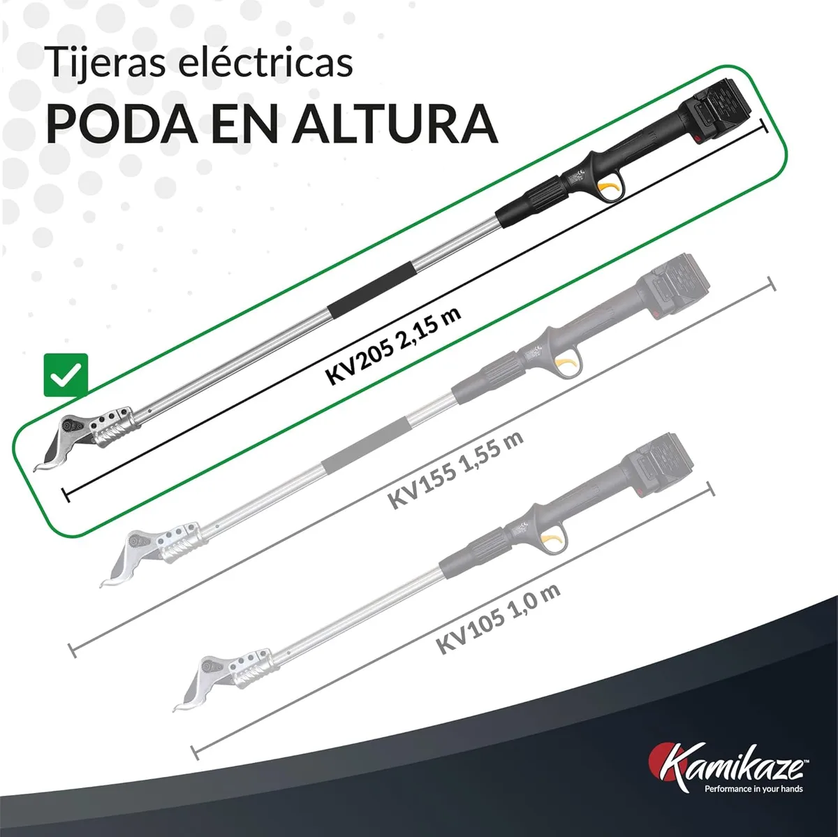 Tijera de poda en altura Kamikaze KV205 204 cm + 2 baterías 4 Ah y cargador — foto 3