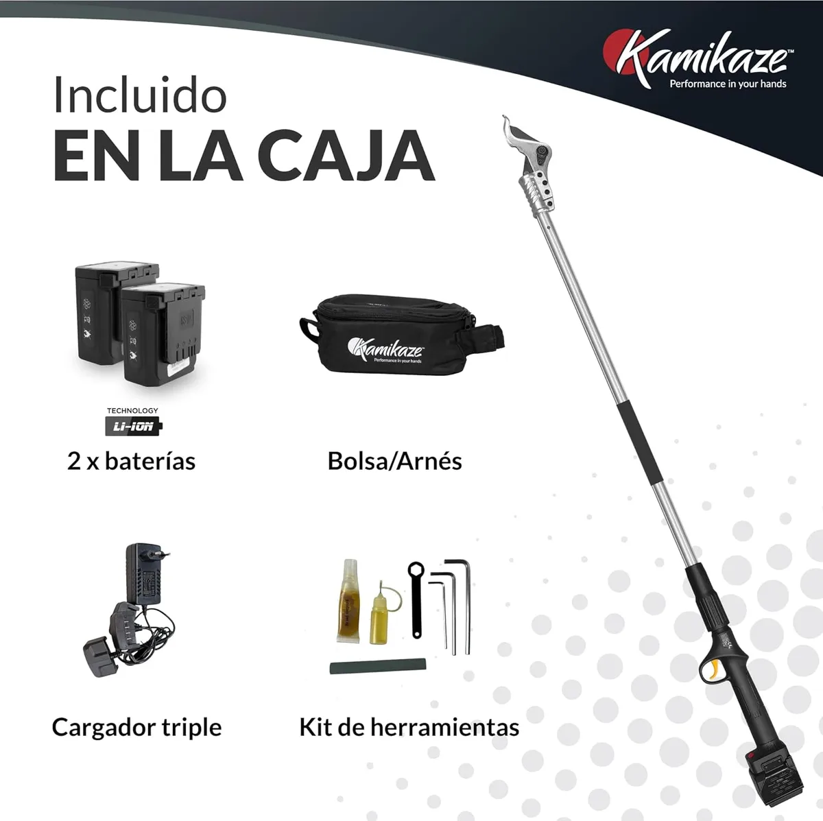 Tijera de poda en altura Kamikaze KV205 204 cm + 2 baterías 4 Ah y cargador — foto 2