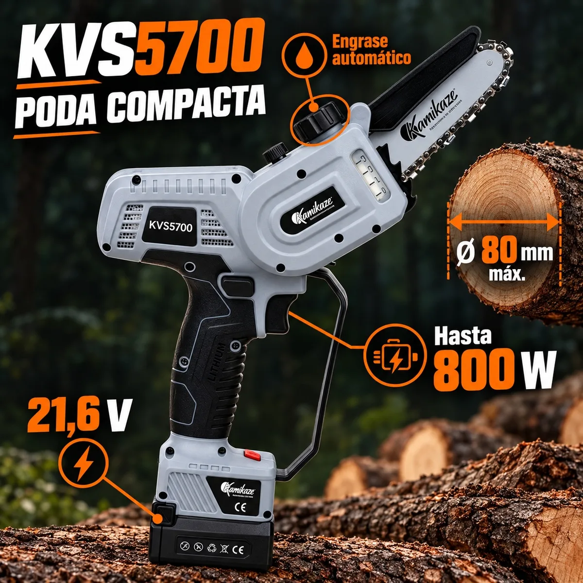 Motosierra de poda a batería Kamikaze KVS5700 · Ø 80 mm · 2 baterías y cargador — foto 2