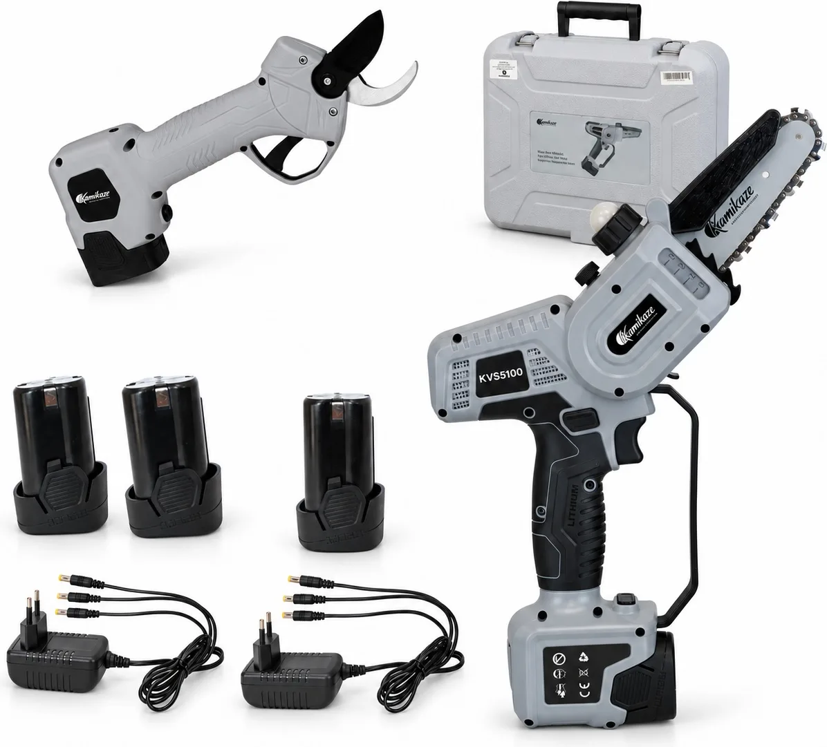 Pack de poda a batería Kamikaze KV280 + KVS5100 · tijera y minisierra con baterías y cargadores
