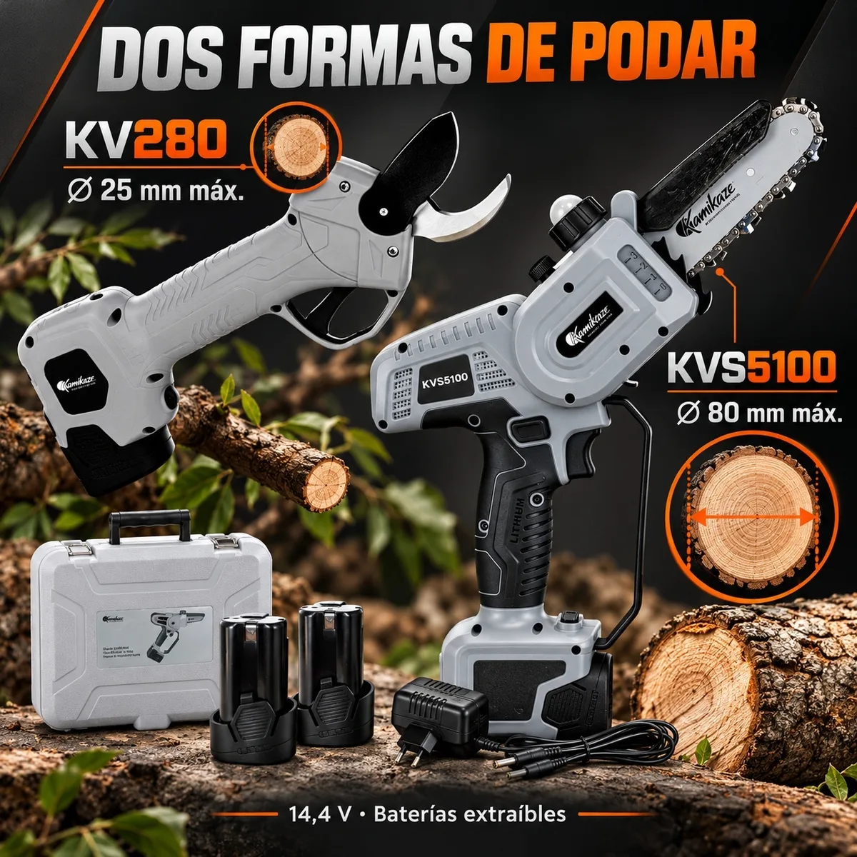 Pack de poda a batería Kamikaze KV280 + KVS5100 · tijera y minisierra con baterías y cargadores — foto 2