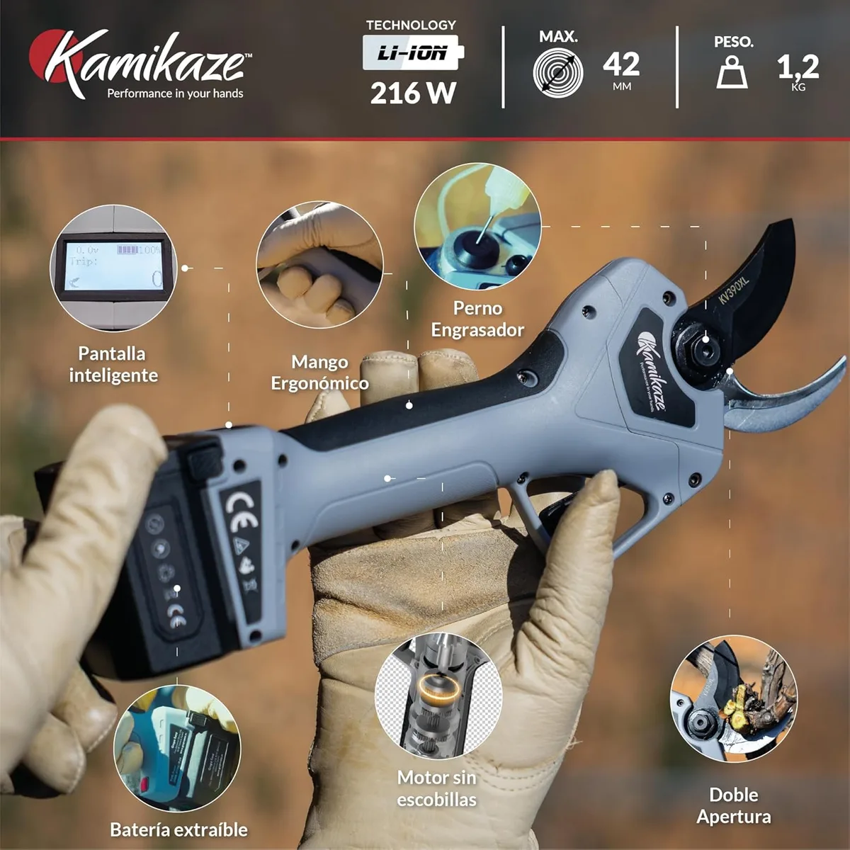 Kit tijera de poda Kamikaze KV390 + pértiga 155-225 cm + 2 baterías 2,5 Ah y cargador — foto 5