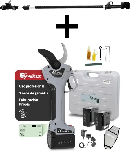Kit tijera de poda Kamikaze KV390 + pértiga 155-225 cm + 2 baterías 2,5 Ah y cargador