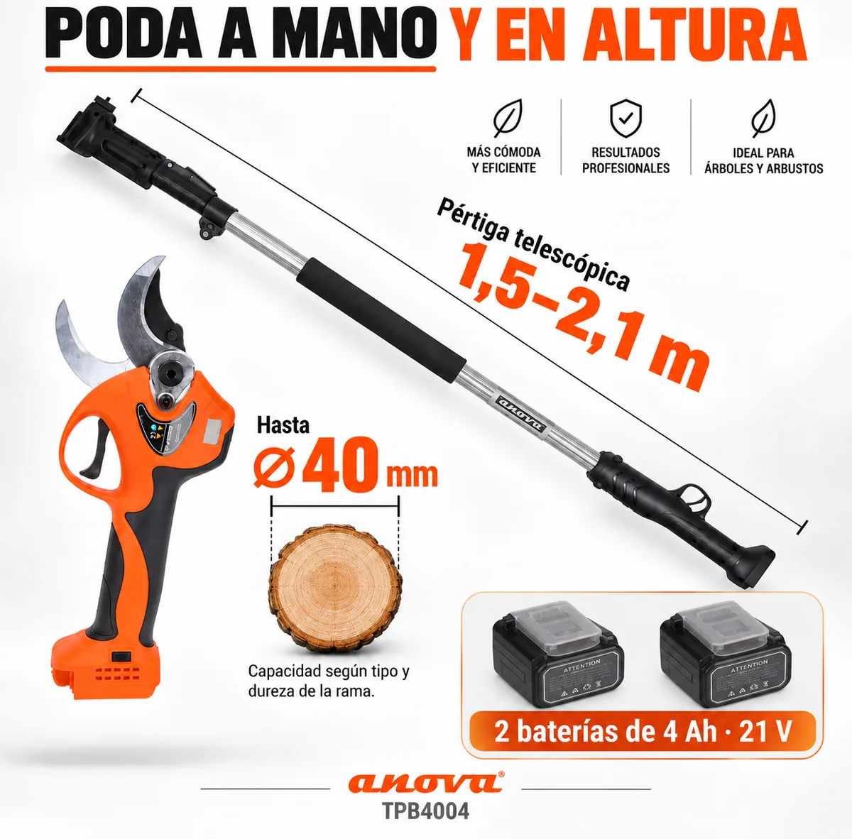 Pack poda a batería Anova TPB4004 · tijera 40 mm + sierra 8 pulgadas + pértiga 1,5-2,1 m · 2 baterías 4 Ah — foto 3
