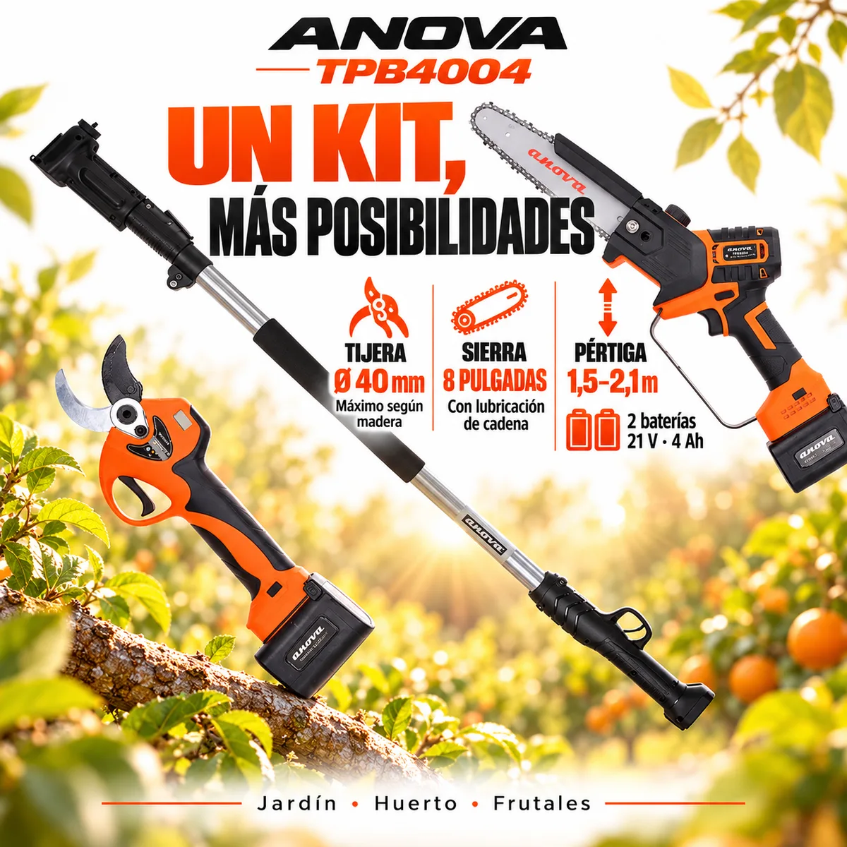 Pack poda a batería Anova TPB4004 · tijera 40 mm + sierra 8 pulgadas + pértiga 1,5-2,1 m · 2 baterías 4 Ah — foto 2
