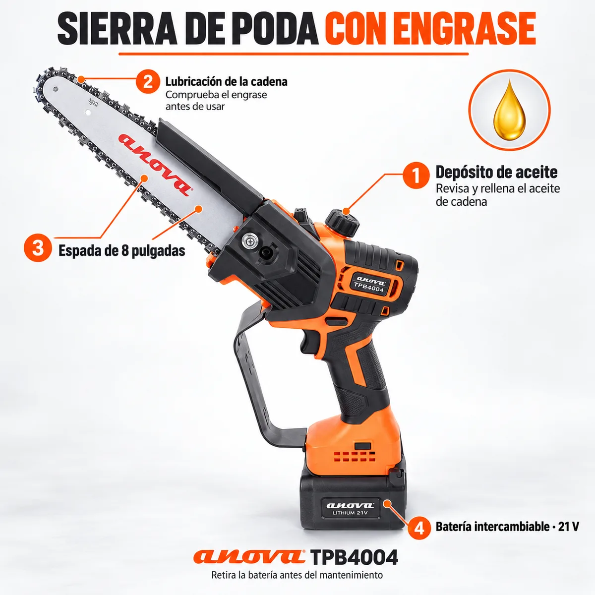 Pack poda a batería Anova TPB4004 · tijera 40 mm + sierra 8 pulgadas + pértiga 1,5-2,1 m · 2 baterías 4 Ah — foto 4