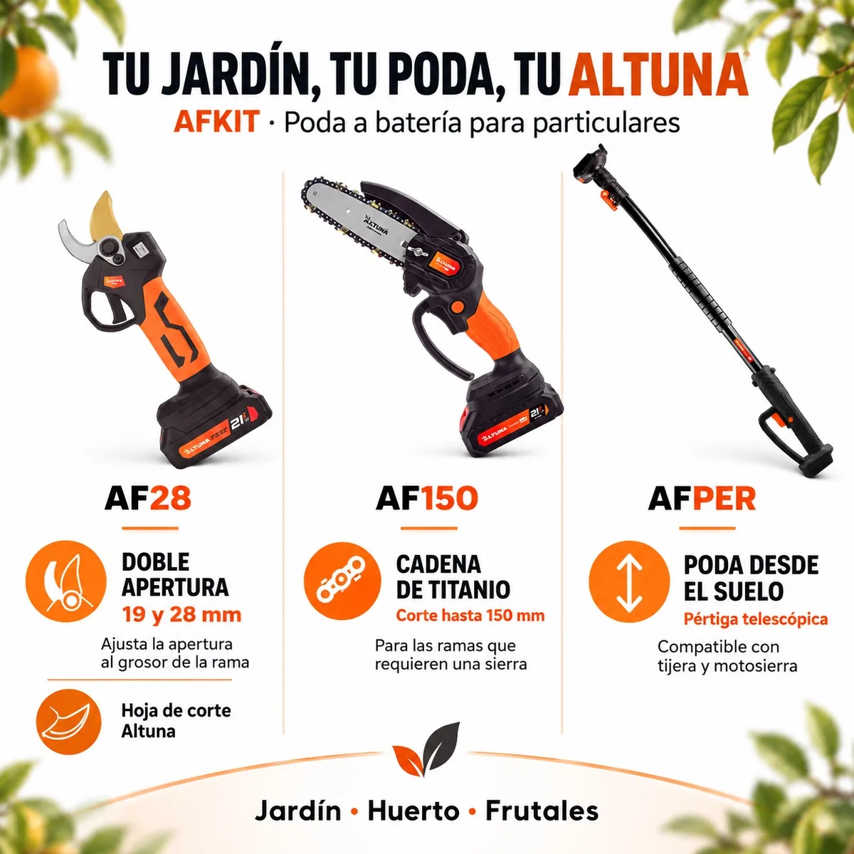 Altuna Kit de Poda a Batería de Titanio - Motosierra a Batería AF150 + Tijeras de Podar Eléctricas AF28+ Pértiga Telescópica — foto 2