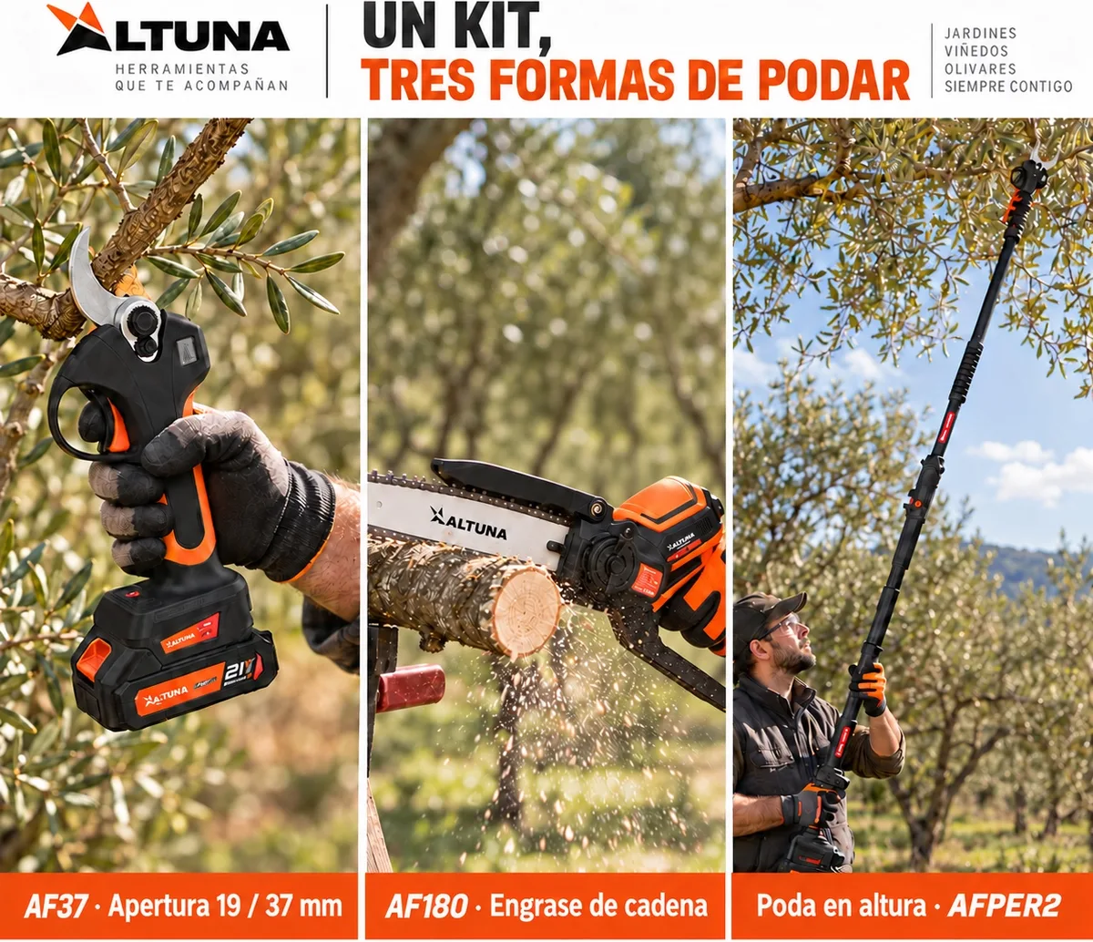 Altuna Kit de Poda a Batería de Titanio - Motosierra a Batería AF180 + Tijeras de Podar Eléctrica AF37 + Pértiga Telescópica AFPER2 — foto 6