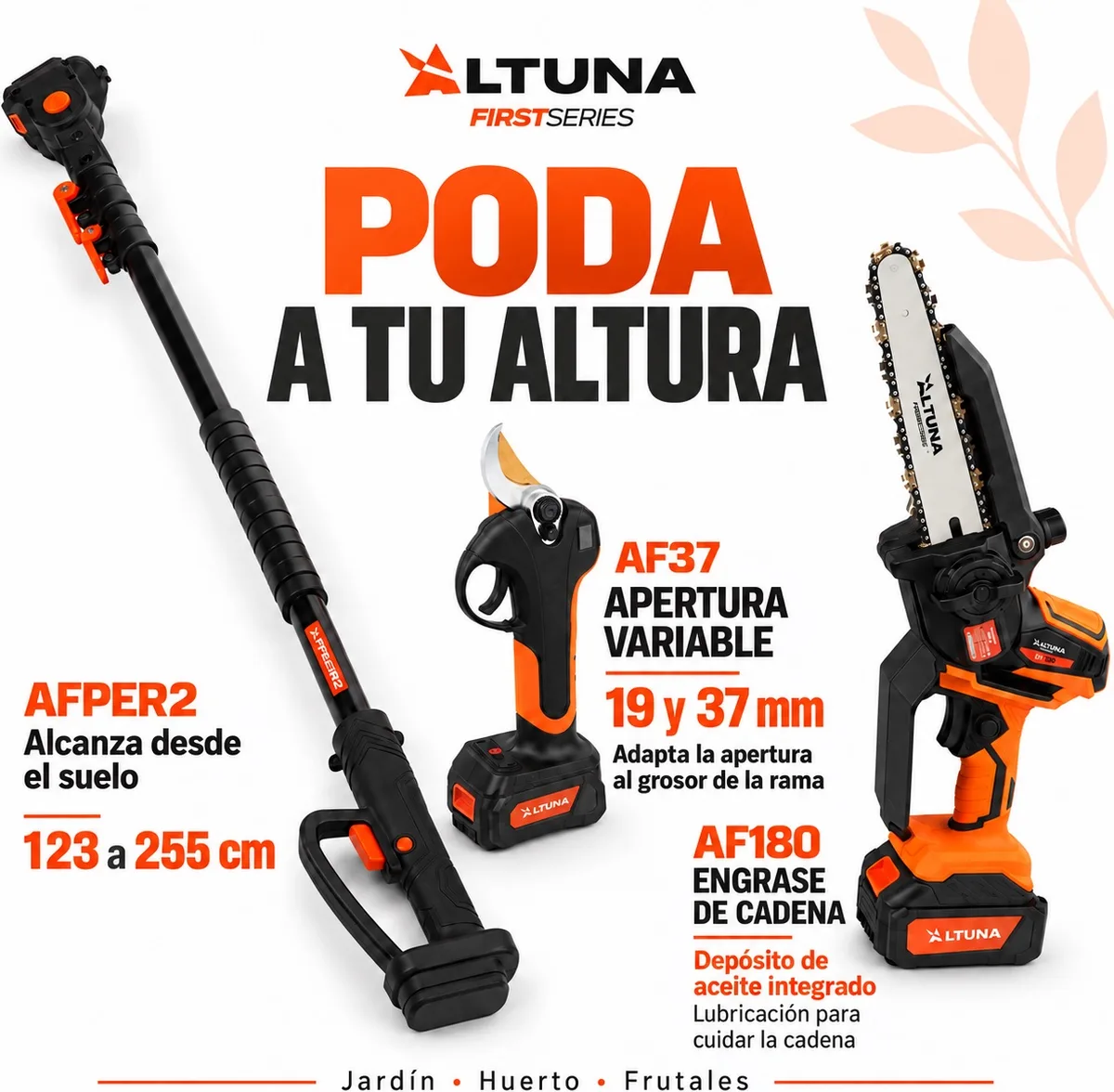 Altuna Kit de Poda a Batería de Titanio - Motosierra a Batería AF180 + Tijeras de Podar Eléctrica AF37 + Pértiga Telescópica AFPER2 — foto 2
