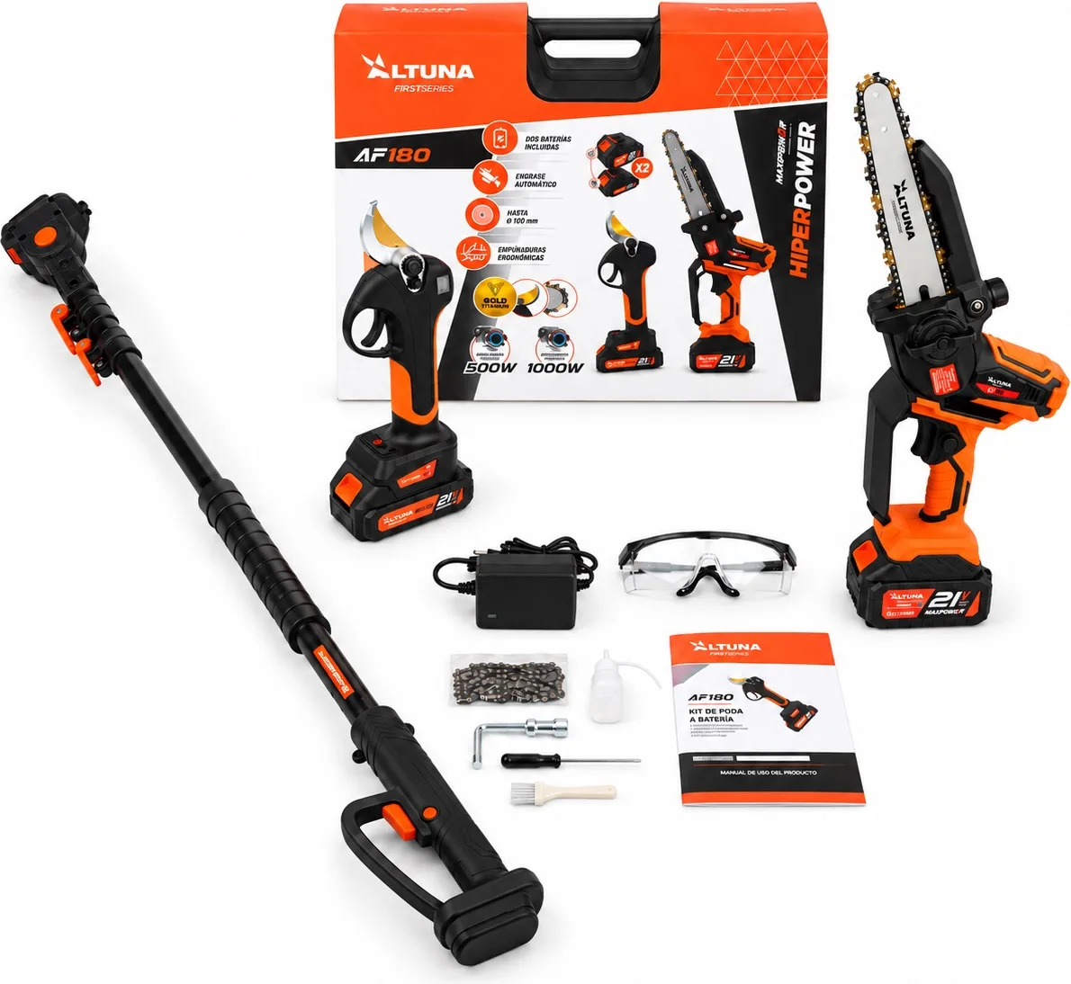 Altuna Kit de Poda a Batería de Titanio - Motosierra a Batería AF180 + Tijeras de Podar Eléctrica AF37 + Pértiga Telescópica AFPER2