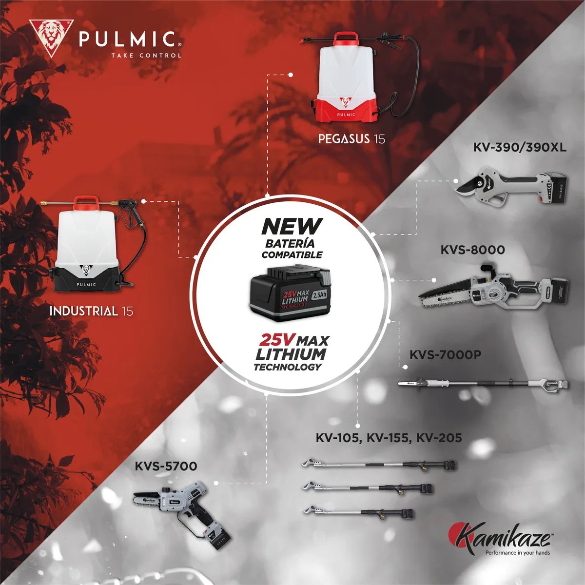 Pack Ahorro Pulmic Pegasus 15 + Kamikaze KVS5700: Pulverizador Eléctrico y Motosierra de Poda + Batería y Cargador Triple — foto 2