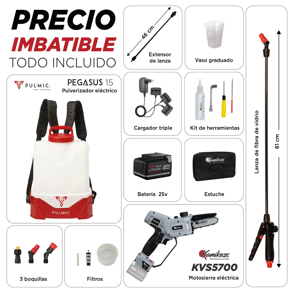 Pack Ahorro Pulmic Pegasus 15 + Kamikaze KVS5700: Pulverizador Eléctrico y Motosierra de Poda + Batería y Cargador Triple — foto 4