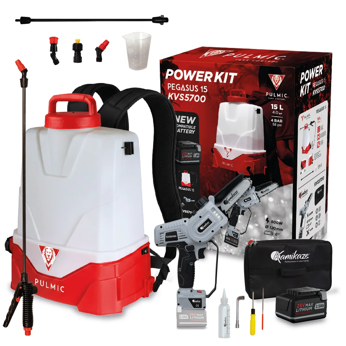 Pack Ahorro Pulmic Pegasus 15 + Kamikaze KVS5700: Pulverizador Eléctrico y Motosierra de Poda + Batería y Cargador Triple
